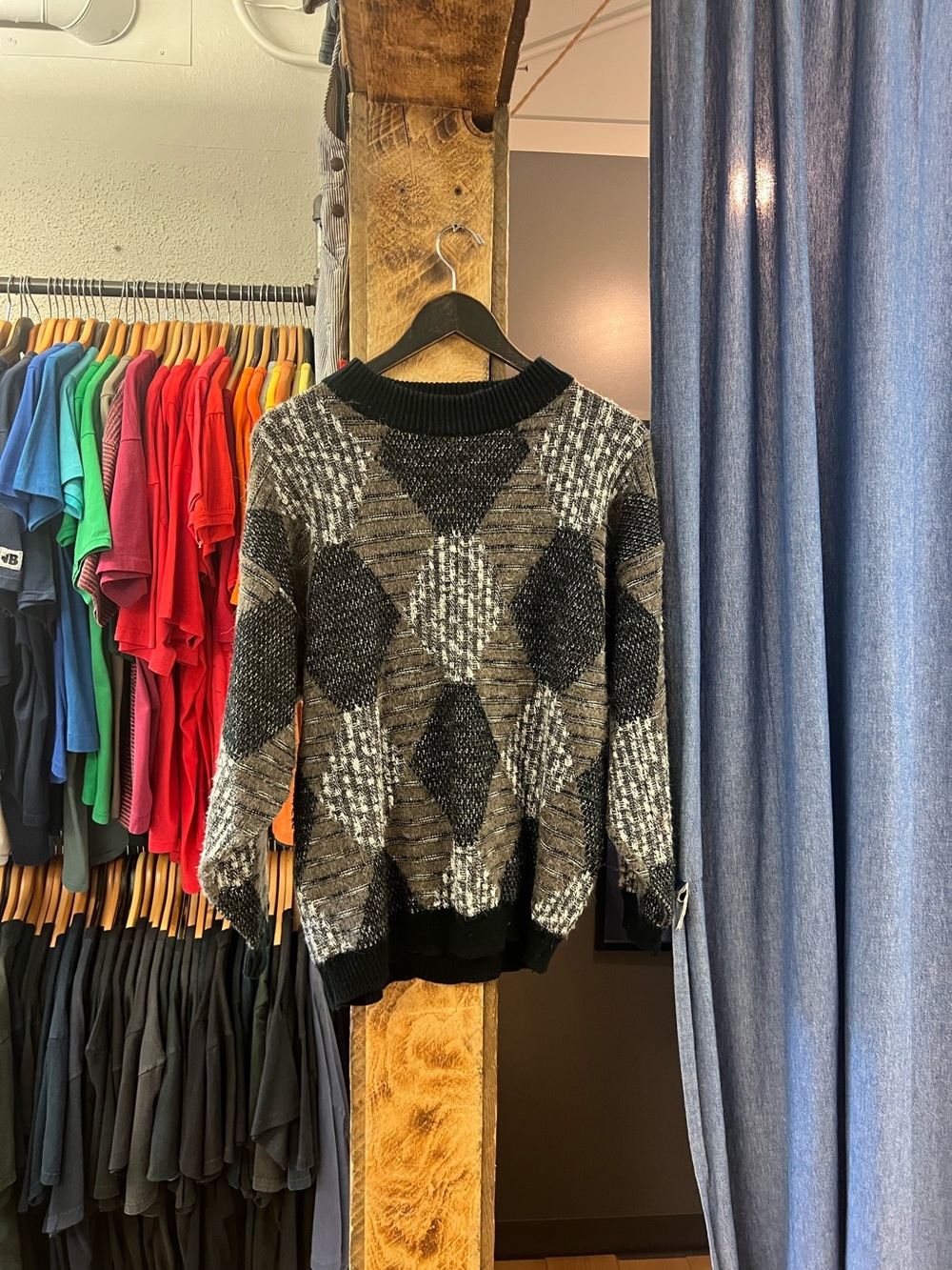 Chunky Argyle Knit Sweater in Black and Brown